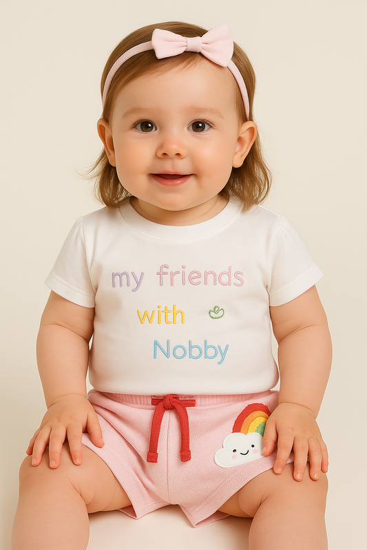 'ג'ינה' - חולצה לבנה עם כיתוב צבעוני ומכנסונים ורודים עם קשת בענן